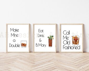 Coctel Prints Trio, 8x10 16x20 Digital Prints, Bar Decor, Bar Art Instant Download, Home Bar Imprimibles,