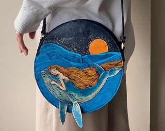 Mermaid and Whale crossbody bag, Unique Handmade real leather purse, a gift for whale lover, Hand-painted bag.