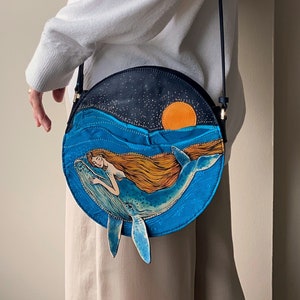 Mermaid and Whale crossbody bag, Unique Handmade real leather purse, a gift for whale lover, Hand-painted bag. image 1