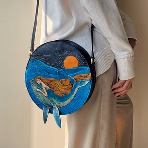 Mermaid and Whale crossbody bag, Unique Handmade real leather purse, a gift for whale lover, Hand-painted bag. image 2