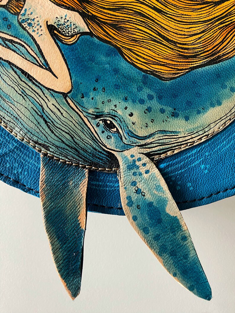Mermaid and Whale crossbody bag, Unique Handmade real leather purse, a gift for whale lover, Hand-painted bag. image 9
