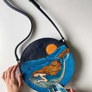 Mermaid and Whale crossbody bag, Unique Handmade real leather purse, a gift for whale lover, Hand-painted bag. image 4