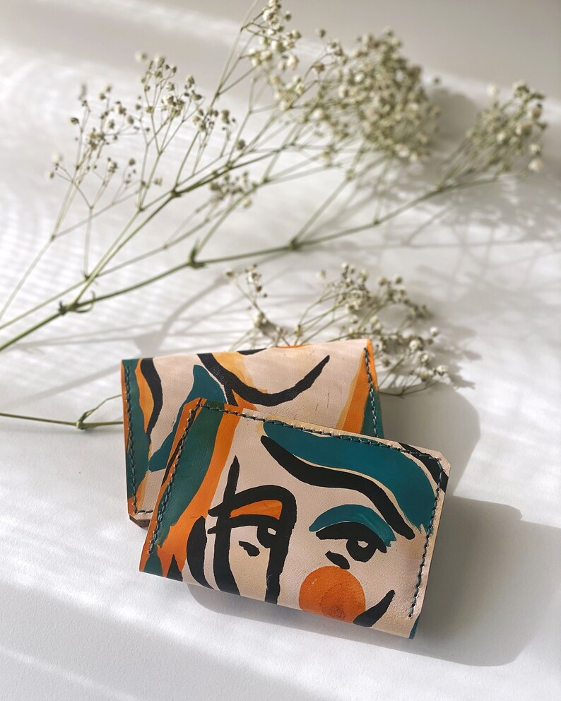 Etsy Design Awards winner 2023, Handmade real leather wallet , Unique Small Credit card holder, Hand-painted colourful gift for Artist. image 4