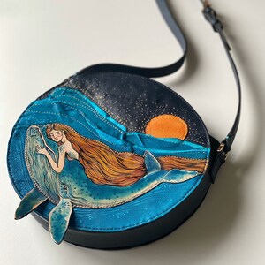 Mermaid and Whale crossbody bag, Unique Handmade real leather purse, a gift for whale lover, Hand-painted bag. image 5