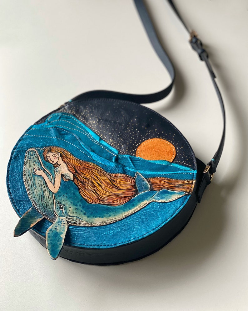 Mermaid and Whale crossbody bag, Unique Handmade real leather purse, a gift for whale lover, Hand-painted bag. image 5