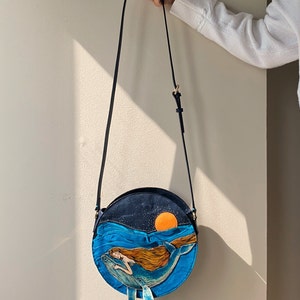 Mermaid and Whale crossbody bag, Unique Handmade real leather purse, a gift for whale lover, Hand-painted bag. image 3