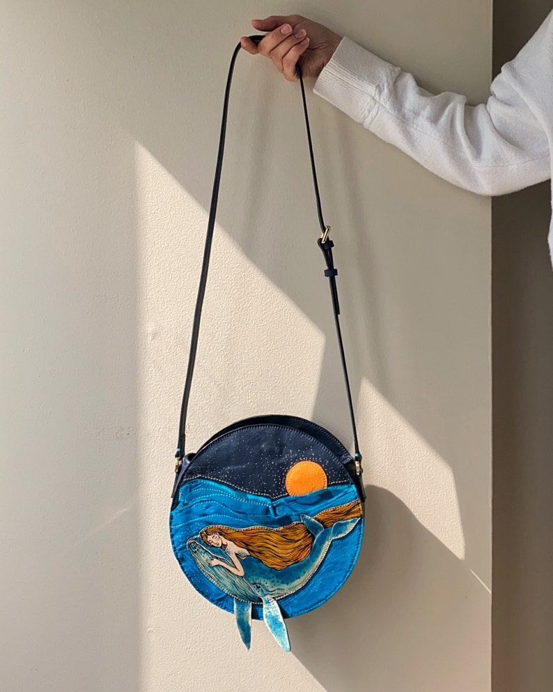 Mermaid and Whale crossbody bag, Unique Handmade real leather purse, a gift for whale lover, Hand-painted bag. image 3
