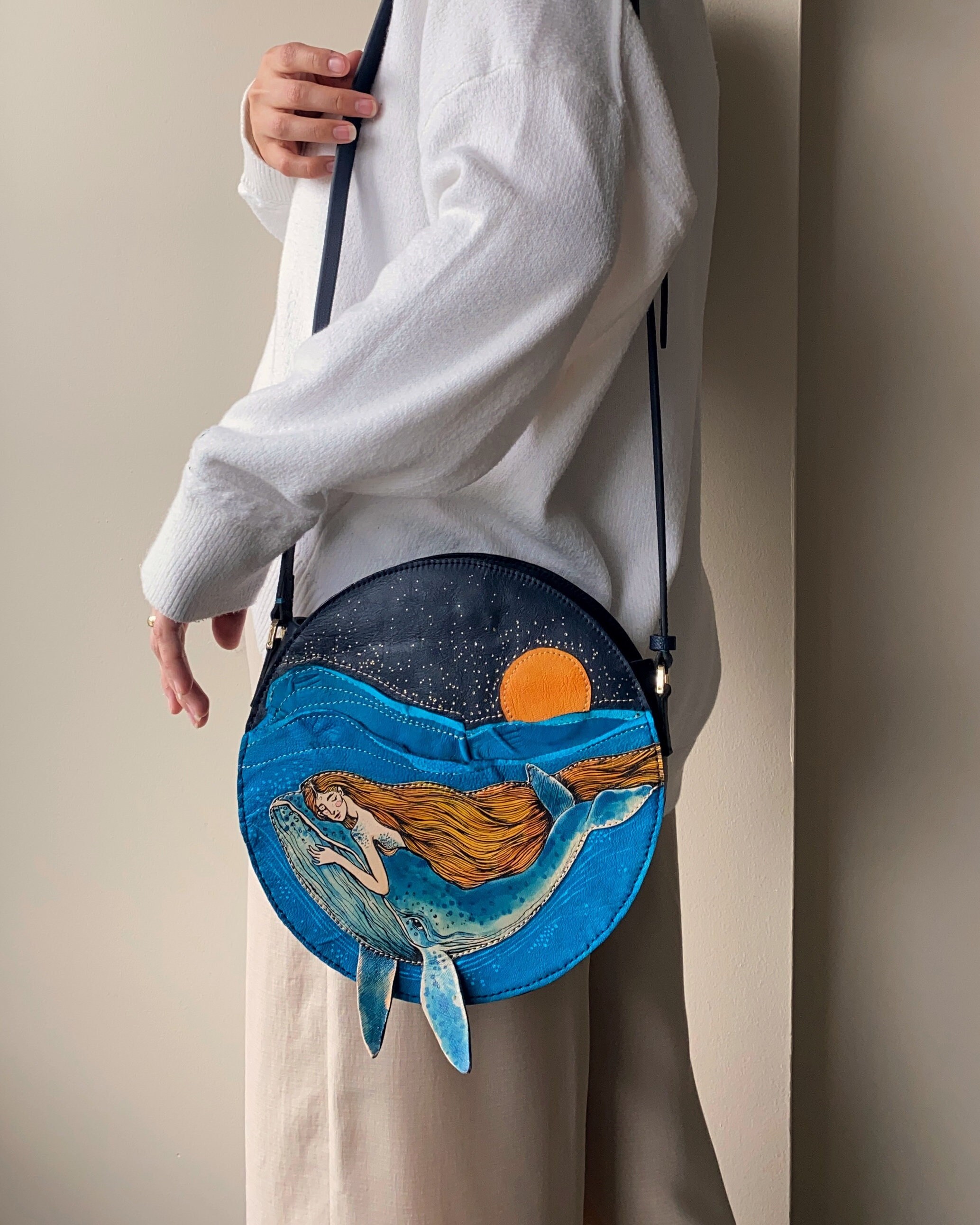 Mermaid and Whale crossbody bag, Unique Handmade real leather purse, a gift for whale lover, Hand-painted bag.