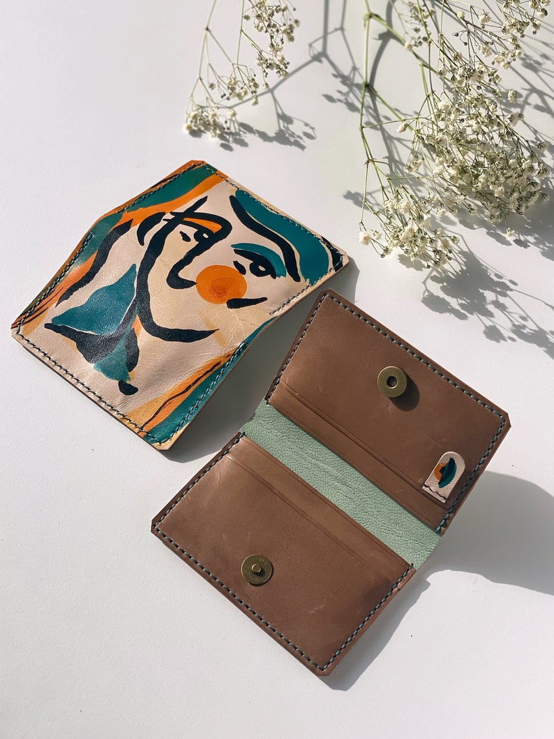 Etsy Design Awards winner 2023, Handmade real leather wallet , Unique Small Credit card holder, Hand-painted colourful gift for Artist. image 5