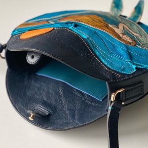 Mermaid and Whale crossbody bag, Unique Handmade real leather purse, a gift for whale lover, Hand-painted bag. image 6