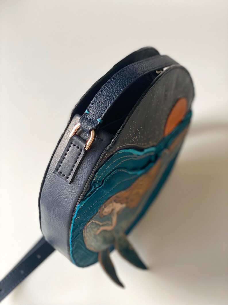 Mermaid and Whale crossbody bag, Unique Handmade real leather purse, a gift for whale lover, Hand-painted bag. image 7