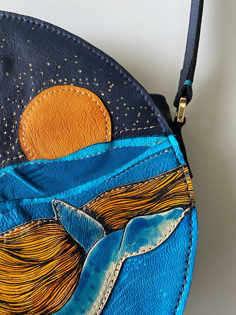 Mermaid and Whale crossbody bag, Unique Handmade real leather purse, a gift for whale lover, Hand-painted bag. image 8