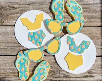 Yellow & Pineapple Flip Flops, Sunglasses, Swim Suit Round for Tiered Tray, Mantle, Shelf-Beach,Pool,Lake House Decor BUNDLE ALL 3 and SAVE!