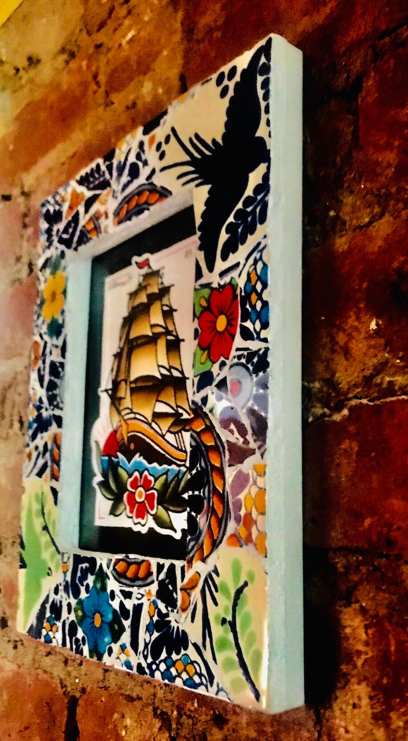 Talavera mosaic frame with tattoo flash print.