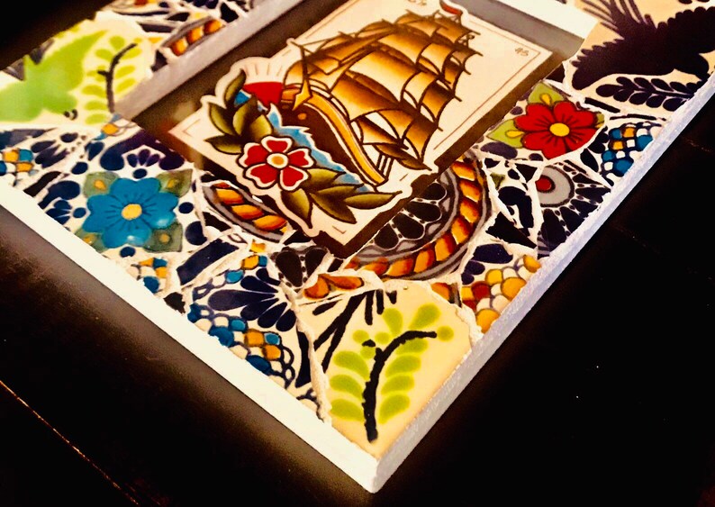 Talavera mosaic frame with tattoo flash print.