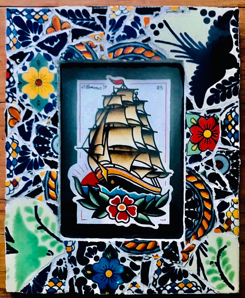 Talavera mosaic frame with tattoo flash print.