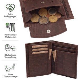 May include: A brown cork leather wallet with a zippered pocket and a flap that opens to reveal a coin pocket. The wallet is open to show the interior, which has multiple card slots and a billfold.