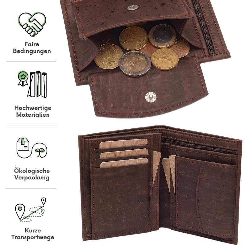 May include: A brown cork leather wallet with a zippered pocket and a flap that opens to reveal a coin pocket. The wallet is open to show the interior, which has multiple card slots and a billfold.