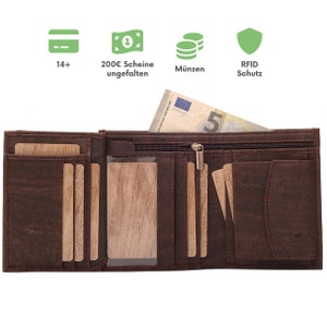 May include: A brown leather wallet with multiple card slots, a zippered compartment, and a billfold. The wallet is open and has a five euro bill inside.