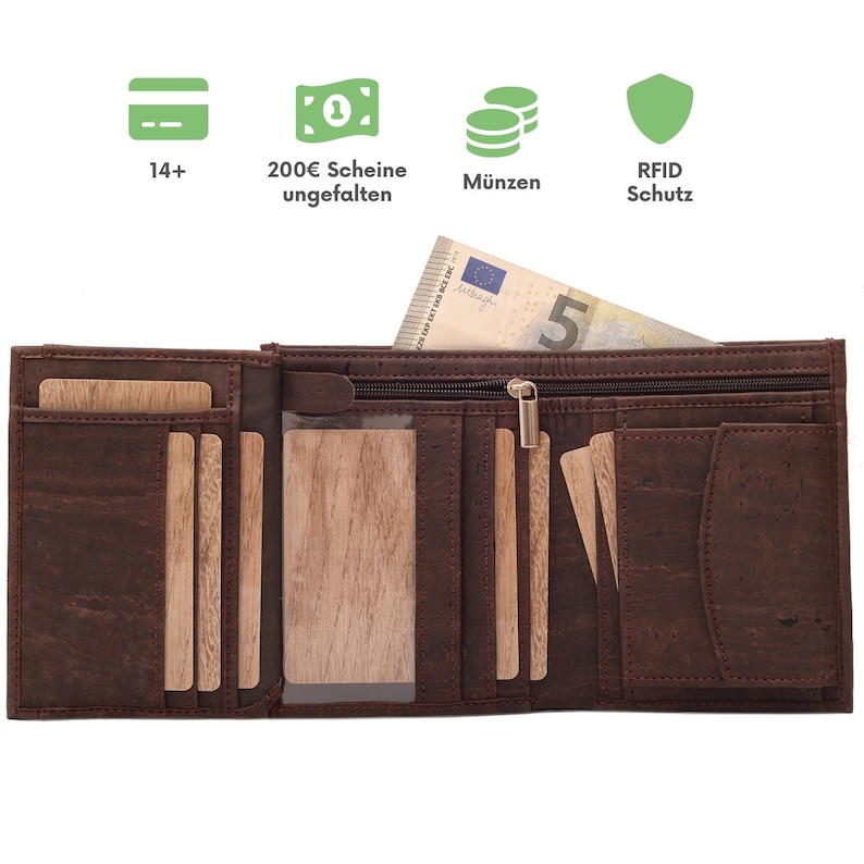 May include: A brown leather wallet with multiple card slots, a zippered compartment, and a billfold. The wallet is open and has a five euro bill inside.