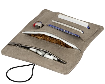 Sac à tabac en cuir véritable avec fermeture interchangeable (gris clair)