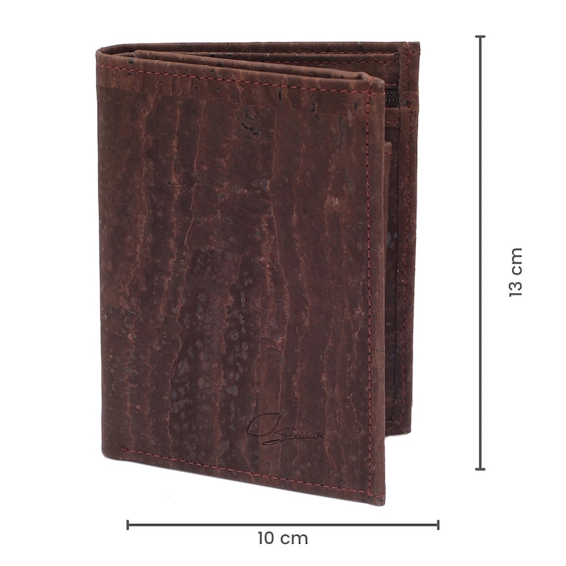 May include: A brown cork wallet with a red stitching detail. The wallet measures 10 inches by 13 inches.