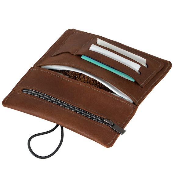 Blague à Tabac En Cuir Pliable – Avec Boutons, Compartiments Pour Tabac à Rouler, Noir, 15,5x18 Cm