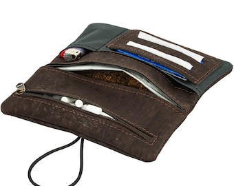 Tobacco bag Tobacco pouch "BARREIRO" hand-printed from cork leather and fine oxford fabric (anthracite/beige)