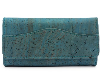 Large women's wallet "MAJA" made of cork - turquoise