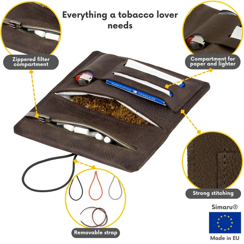 Premium Leder Tabaktasche Drehertasche Tabakbeutel mit auswechselbarem Verschluss Made in EU Braun Bild 4