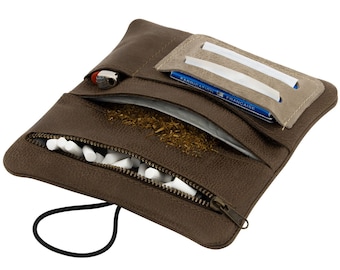 Simaru Sac à tabac en cuir de qualité supérieure, sac à rouler, sac à tabac avec fermeture interchangeable, fabriqué en UE (marron)