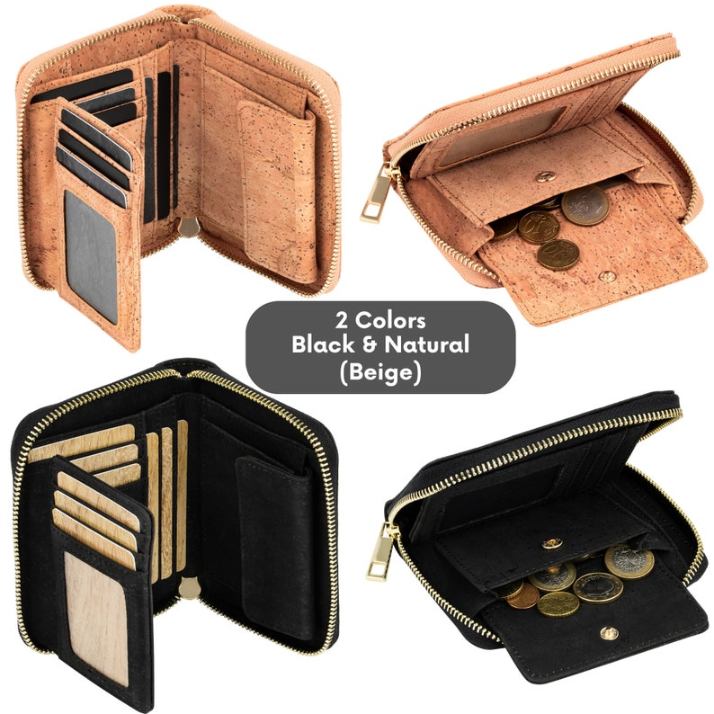 Small ladies cork wallet with zipper Black