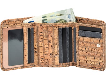 Simaru Damen-Portemonnaie Geldbörse Geldbeutel Made in EU mit RFID schutz  Vegan  aus Kork  mit Knopfklappe und Reissverschluss aussen
