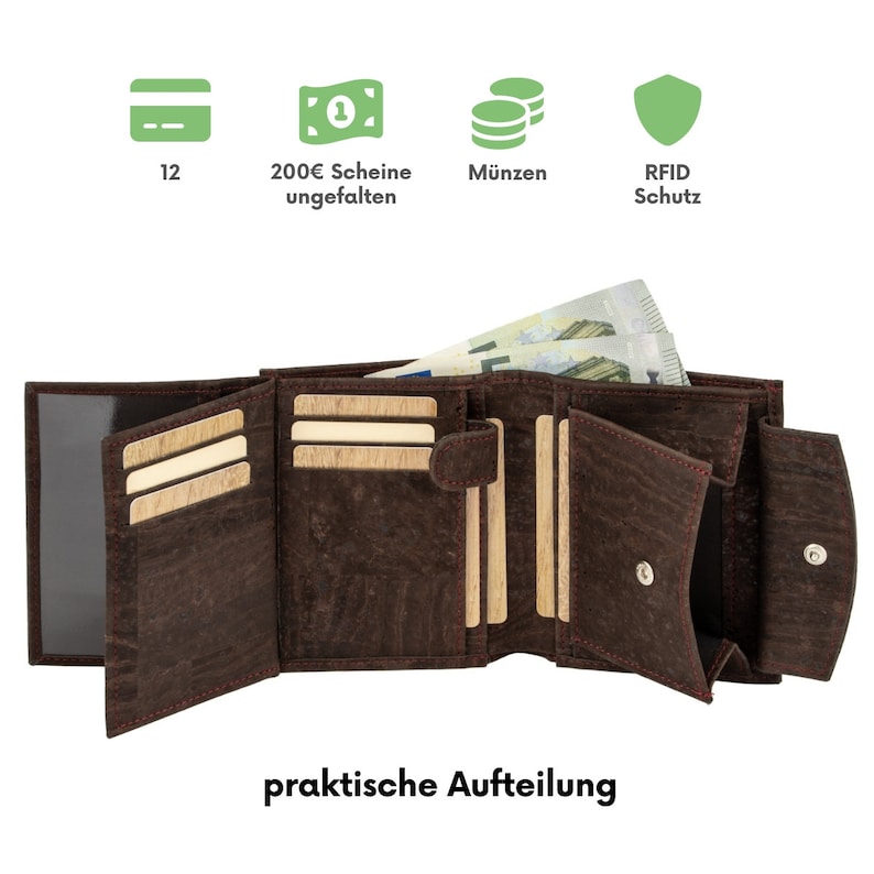 Herren-Geldbörse Geldbeutel Portemonnaie Portmonee Vegan aus Kork mit RFID schutz 10 Karten Sichtfenstern Bild 4