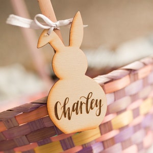 Personalized Bunny Easter Basket Tag: Laser Burned Wood