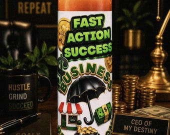 May include: A tall glass prayer candle with orange wax featuring a label with the text FAST ACTION SUCCESS, BUSINESS, and PROTECTION. The label includes graphics of a black umbrella, a storefront, a stack of cash, and a pot of gold coins.
