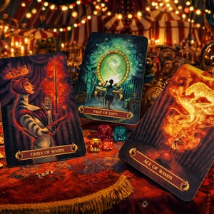 May include: Three tarot cards are displayed on a red velvet surface. The cards feature detailed illustrations with the text "Queen of Wands", "Page of Cups", and "Ace of Wands". The background includes a crystal ball, candles, and decorative lighting.