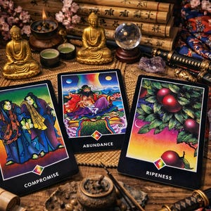 May include: Three tarot cards with colorful illustrations and text reading "COMPROMISE", "ABUNDANCE", and "RIPENESS". The cards are surrounded by candles, gold statues, and other spiritual items. The overall theme is divination and spirituality.