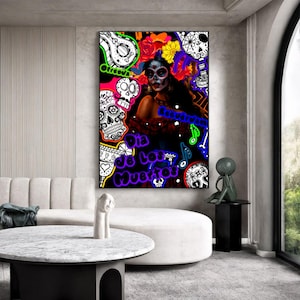 Día de los Muertos Celebration Stretched Canvas Art – Day of the Dead Stretched Wall Hanging - Altar Art Decor