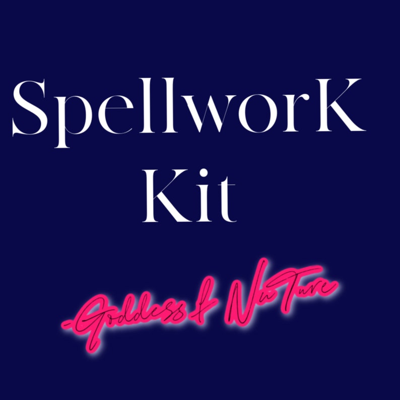 May include: Spellwork Kit by Goddess of Nature, a white text graphic on a dark blue background with a pink neon graphic of the business name.