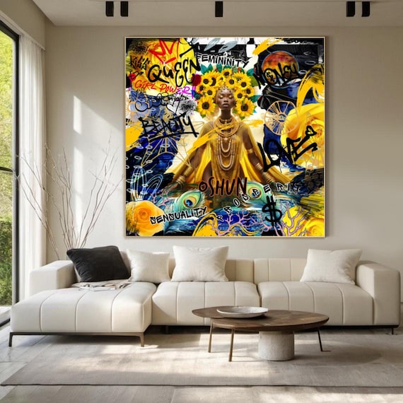 Oshun Stretched Art Canvas | African Goddess Orisha Wall Decor | Spiritual Artwork - Yoruba Deity Art Canvas - Modern Water Goddess Art