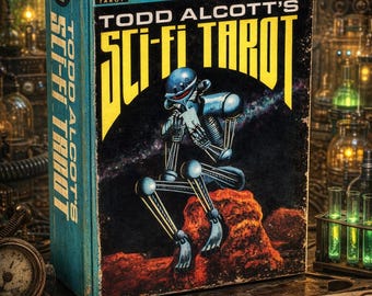 Könnte beinhalten: Eine Vintage-Tarot-Kartenspielbox mit dem Titel "Todd Alcott's Sci-Fi Tarot". Die Box ist türkis mit gelbem Text und zeigt eine Roboterillustration. Auf der Box steht "Full 78-Card Tarot Deck Plus Detailed Instruction Book".