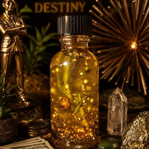 May include: A clear glass bottle with a black cap filled with a golden liquid, gold glitter, and small botanical elements. The bottle is surrounded by gold coins, paper currency, a gold-colored figurine, a crystal point, and a gold rock.