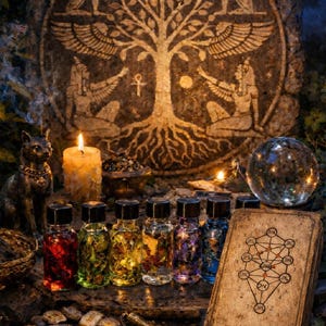 Può includere: Una scena esoterica con un'incisione su pietra di un albero e figure, candele e una sfera di cristallo. Sei bottiglie di vetro con liquidi colorati sono davanti a un libro vintage con un diagramma. Una statua di gatto e altri oggetti mistici completano la scena.