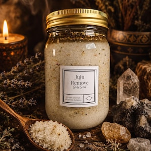 May include: A clear glass jar with a gold lid containing a granular body scrub with visible herbs. The white label reads JuJu Remove Body Scrub, Divinity Crystals Alchemist Botanica. A wooden spoon filled with the scrub rests in front of the jar.