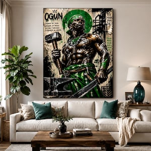 Orisha Ogun Stretched Art Yoruba Warrior Deity - Afrocentric Spiritual Decor Canvas Art - Sacred Wall Art