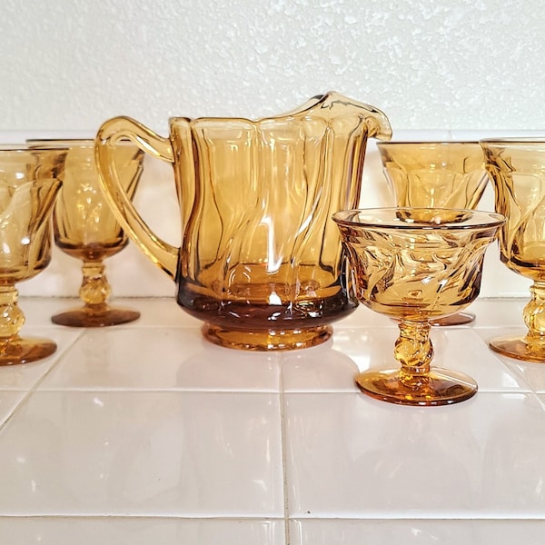 1950s Fostoria Jamestown Amber Glass Pitcher, 6 Footed Water Glasses and 1 Sherbet/Champagne, USA