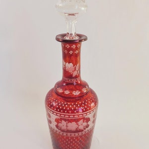 Antique Egerman Red Cut-to-Clear Glass Decanter with Clear Stopper, Bohemian