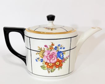 Antique CT Altwasser White & Black Floral Porcelain Teapot, 1920s