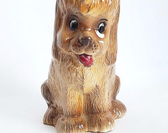 1940s-50s Money Bank Tan Happy Shaggy Long Ear Dog, Hand Painted Ceramic, USA
